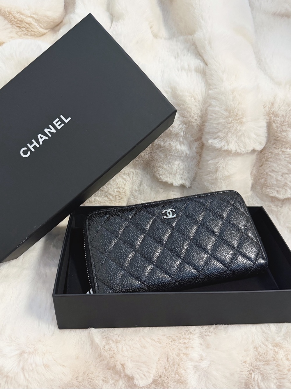 CHANEL Black Quilted CC Logo Caviar Leather Zip Around Wallet